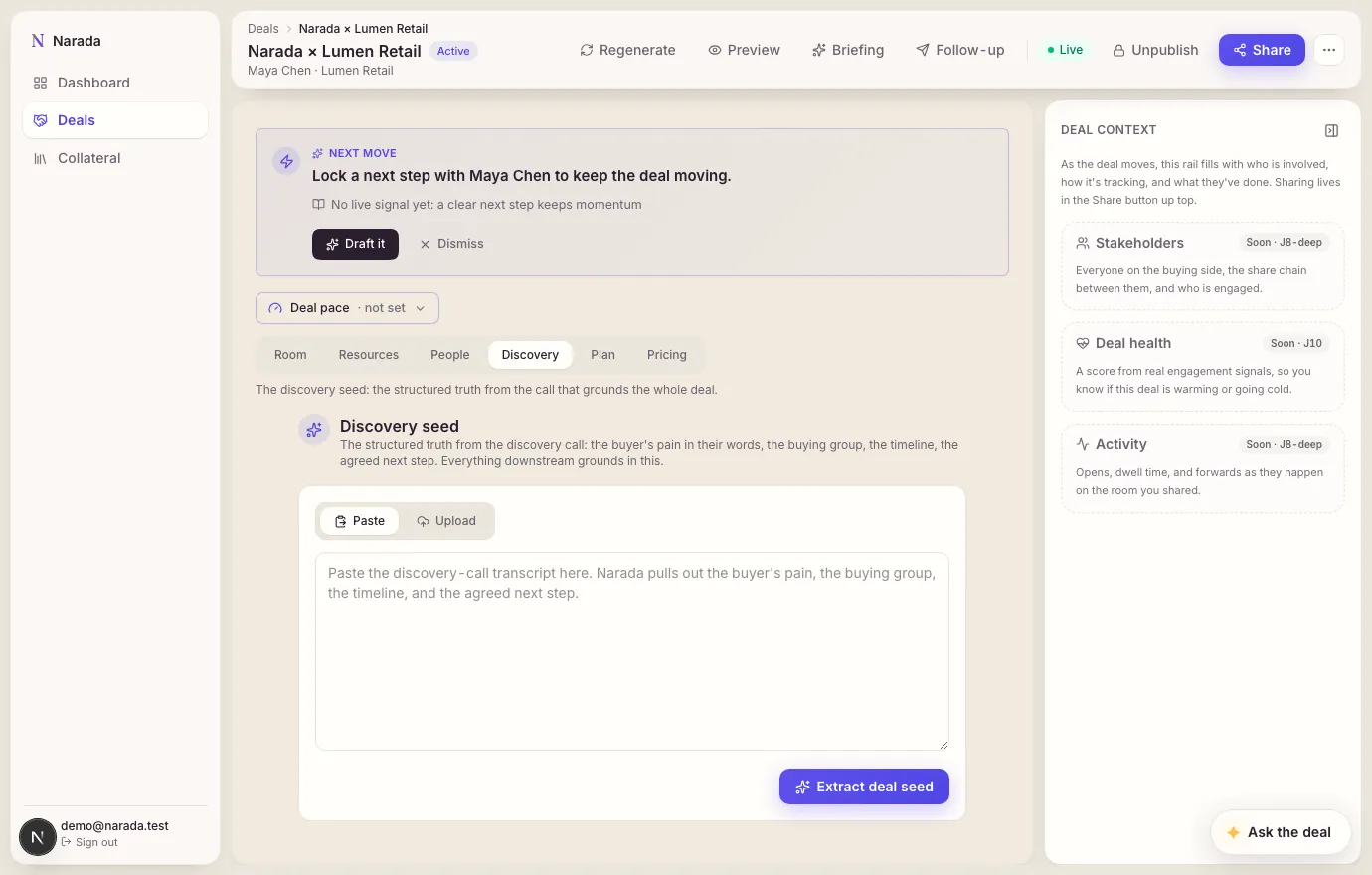 Narada discovery seed turning a call into structured deal context